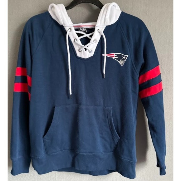 NFL Team Apparel New England Patriots Hoodie Women Medium Blue Lace Up Pullover - Picture 1 of 12